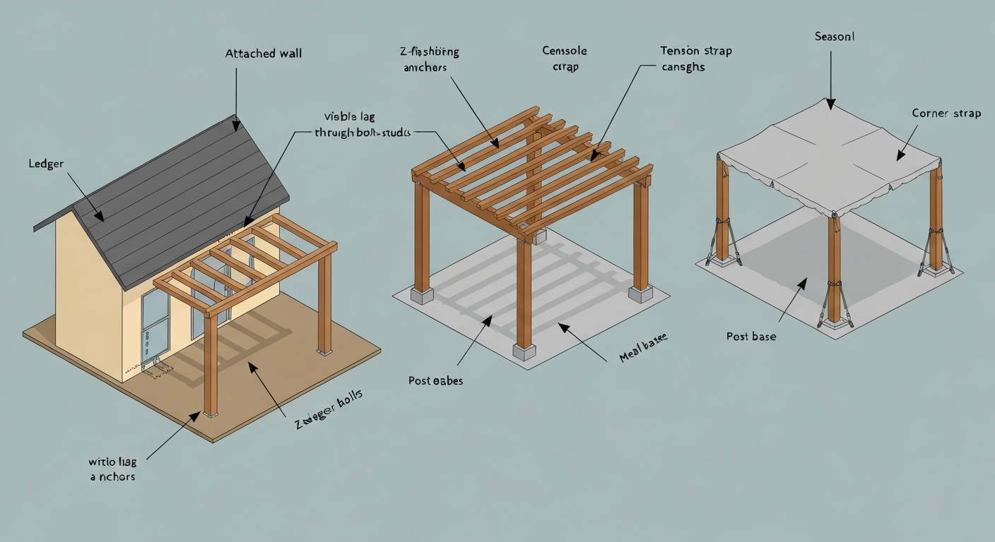Illustrated comparison of attached, freestanding, and temporary patio canopies with labeled anchoring methods