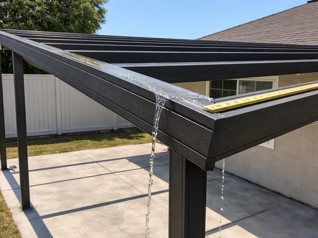 Patio cover frame with gentle slope and water running toward the lower edge, tape measure visible without numbers