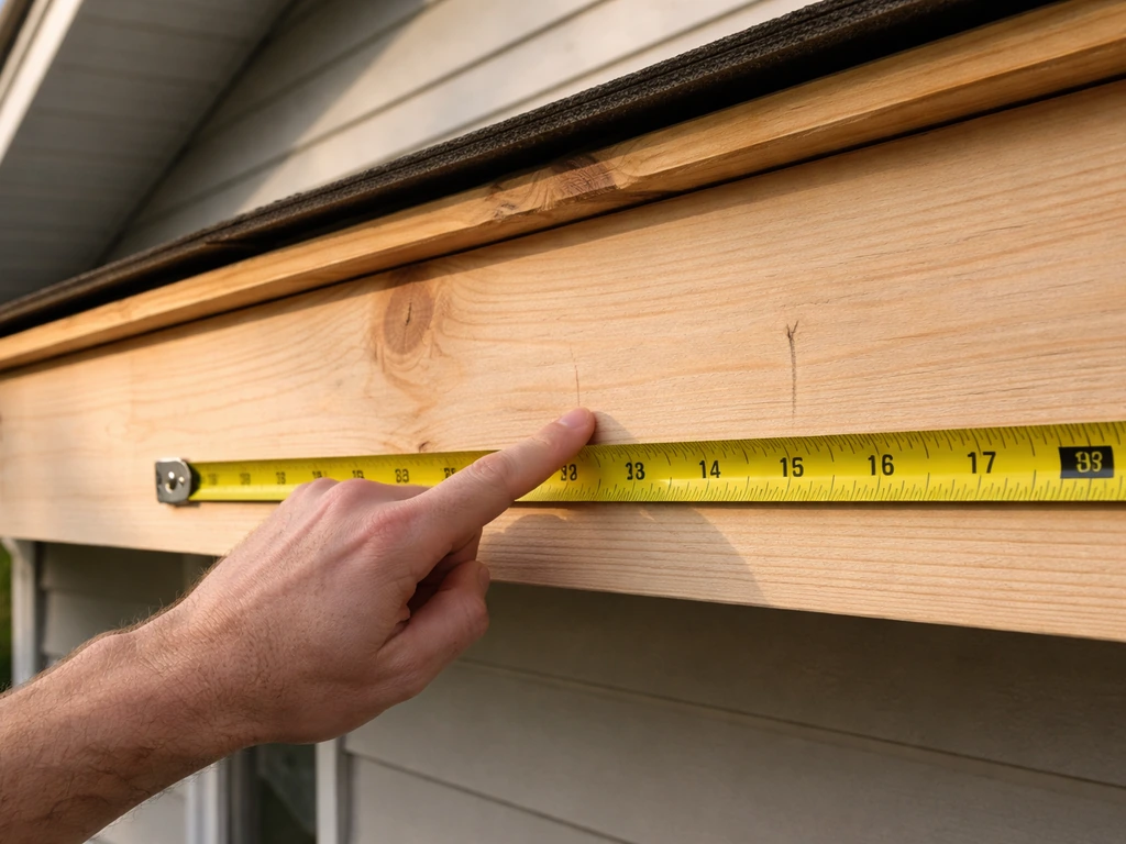 Close-up of a homeowner’s hand pointing at marked rafter locations along a fascia with a simple tape measure