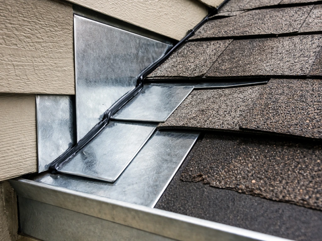 Close-up of roof tie-in waterproofing with step flashing, counterflashing, and sealed seams at the junction