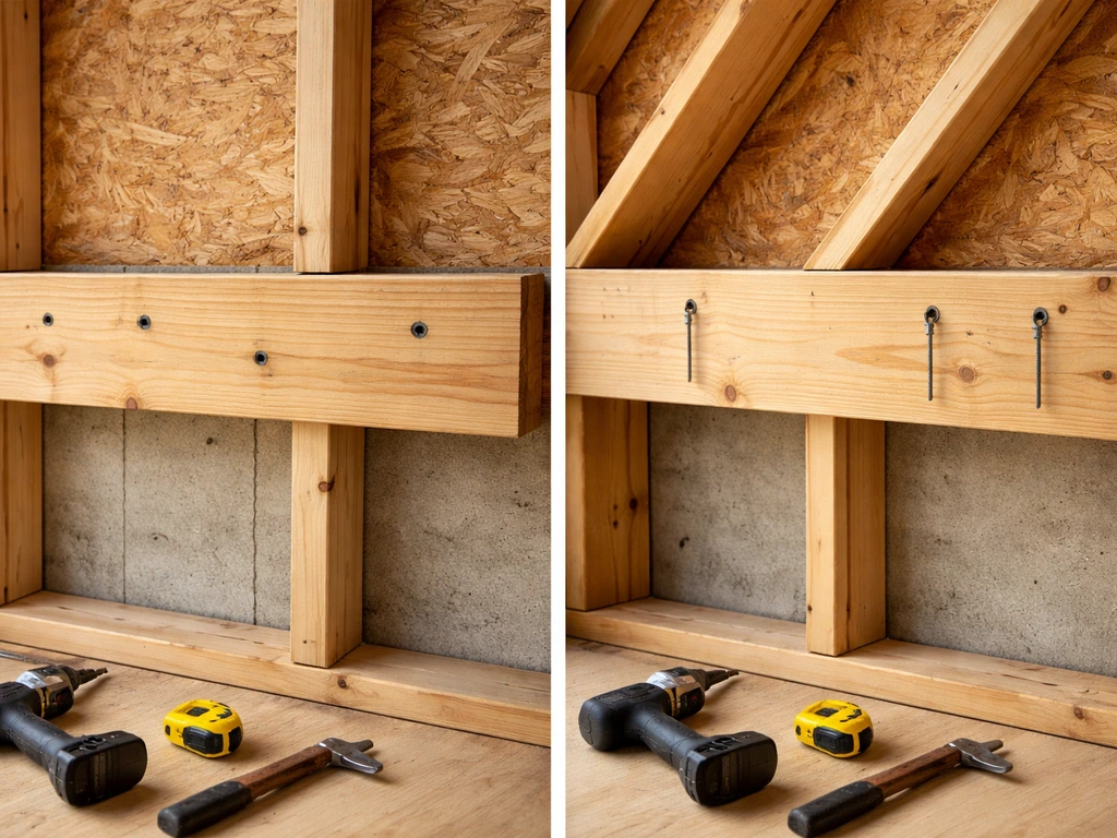 Close-up of a roof ledger: wrong mounting on sheathing contrasted with correct attachment to rafters
