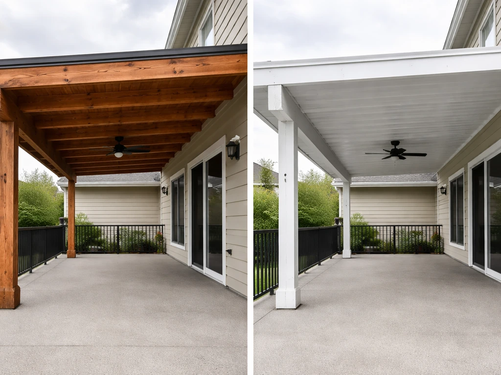 Split view of a wood patio cover and a metal aluminum patio cover over a residential patio.
