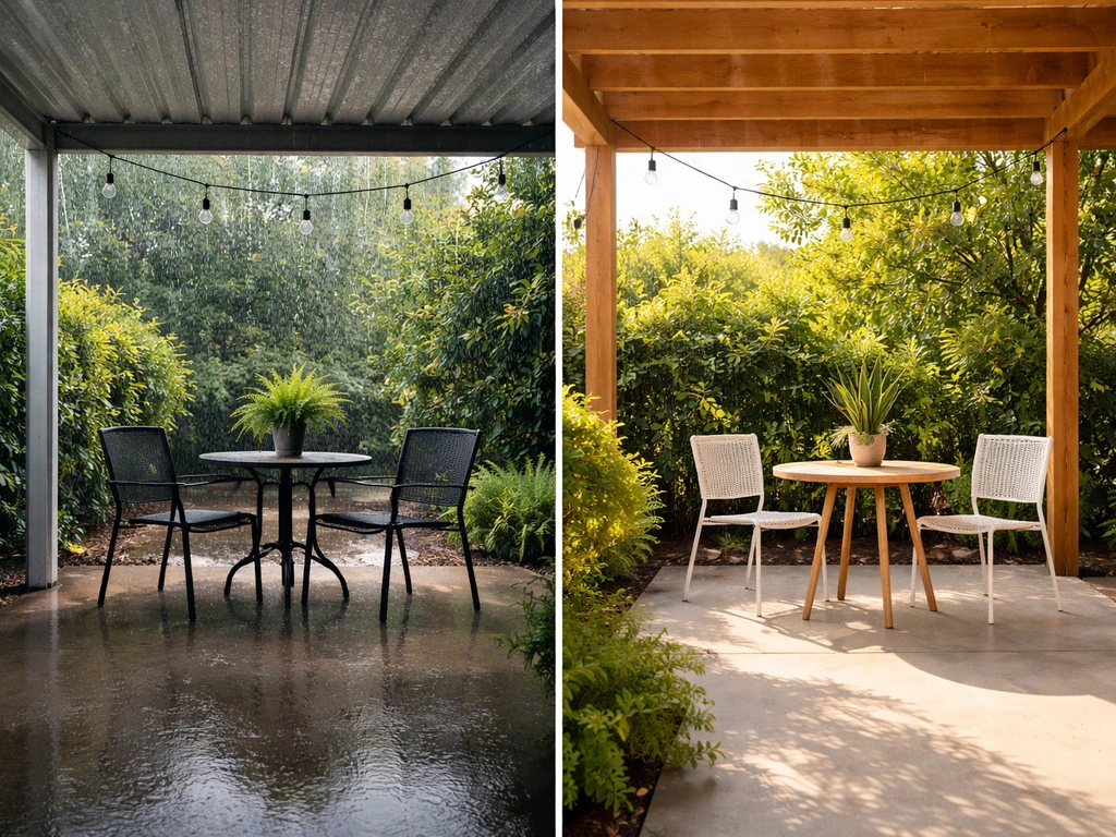 Side-by-side patio covers: metal under light rain vs wood in dry sunlit weather.