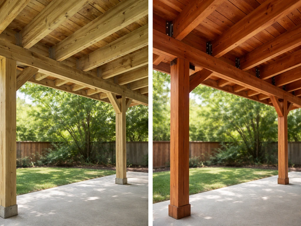 Pressure-treated pine patio cover with visible joists and fasteners, plus a warm cedar-style finished view.