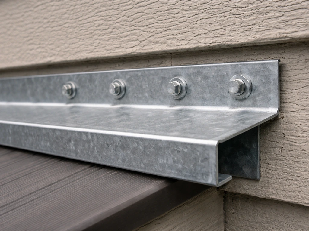 Close-up of a metal roof ledger bracket bolted to a house wall with corrosion-resistant fasteners.