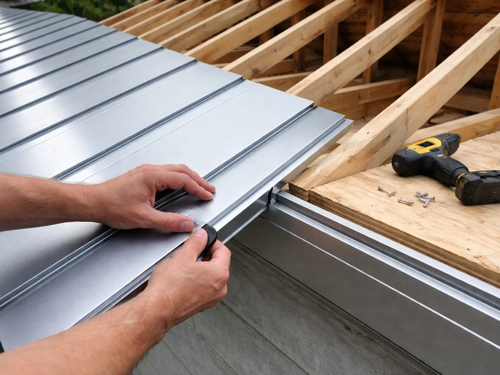DIY homeowner installing interlocking aluminum roof panels into a channel on a simple framed roof