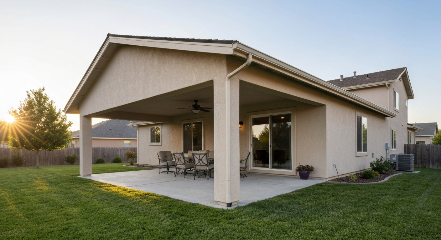Finished attached stucco patio cover (lean-to) matching house exterior, viewed from the yard.