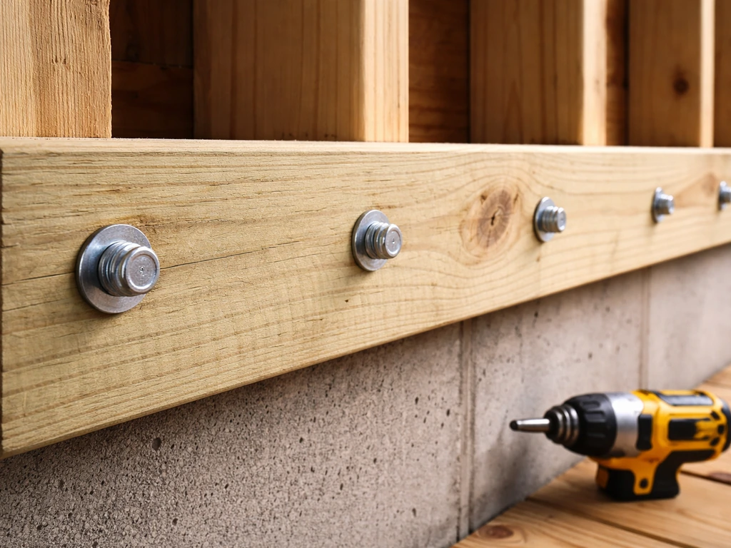 Close-up of a ledger board bolted to a house rim joist with visible structural fasteners.