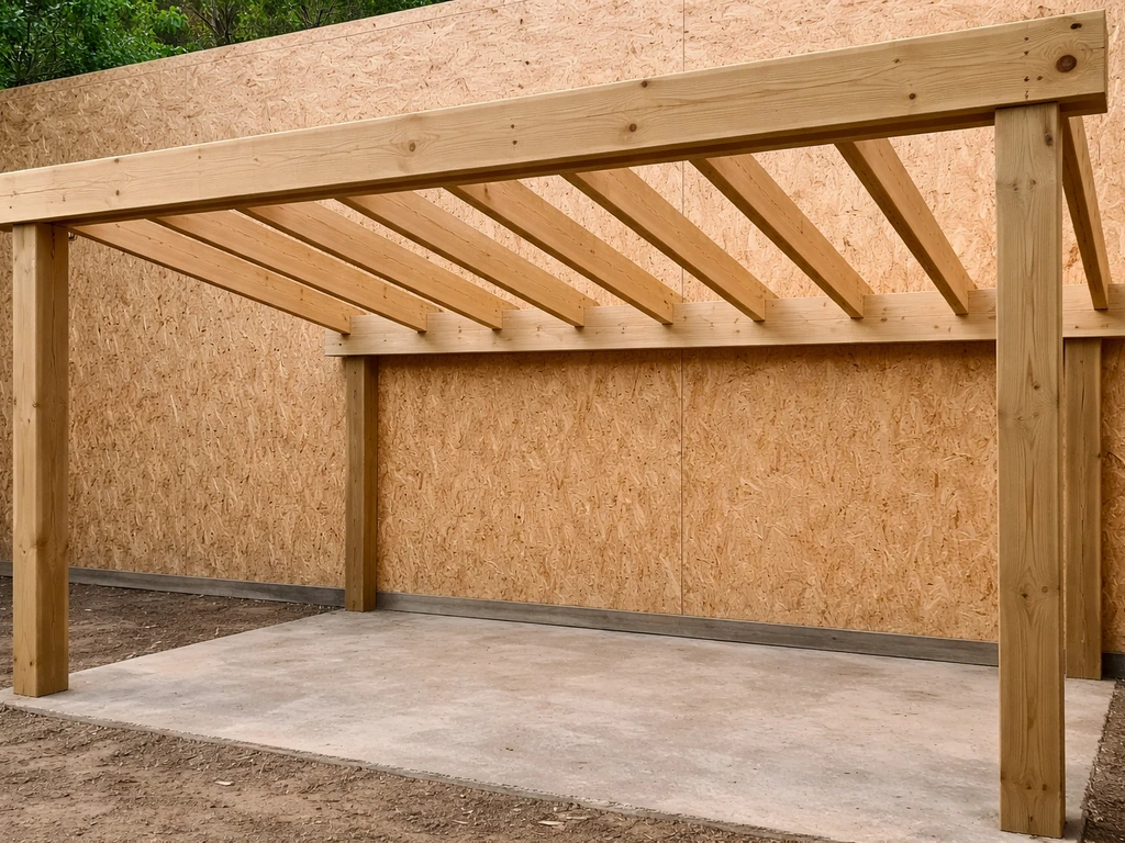 Lean-to framing with posts, a front beam, and rafters spanning from ledger to beam.