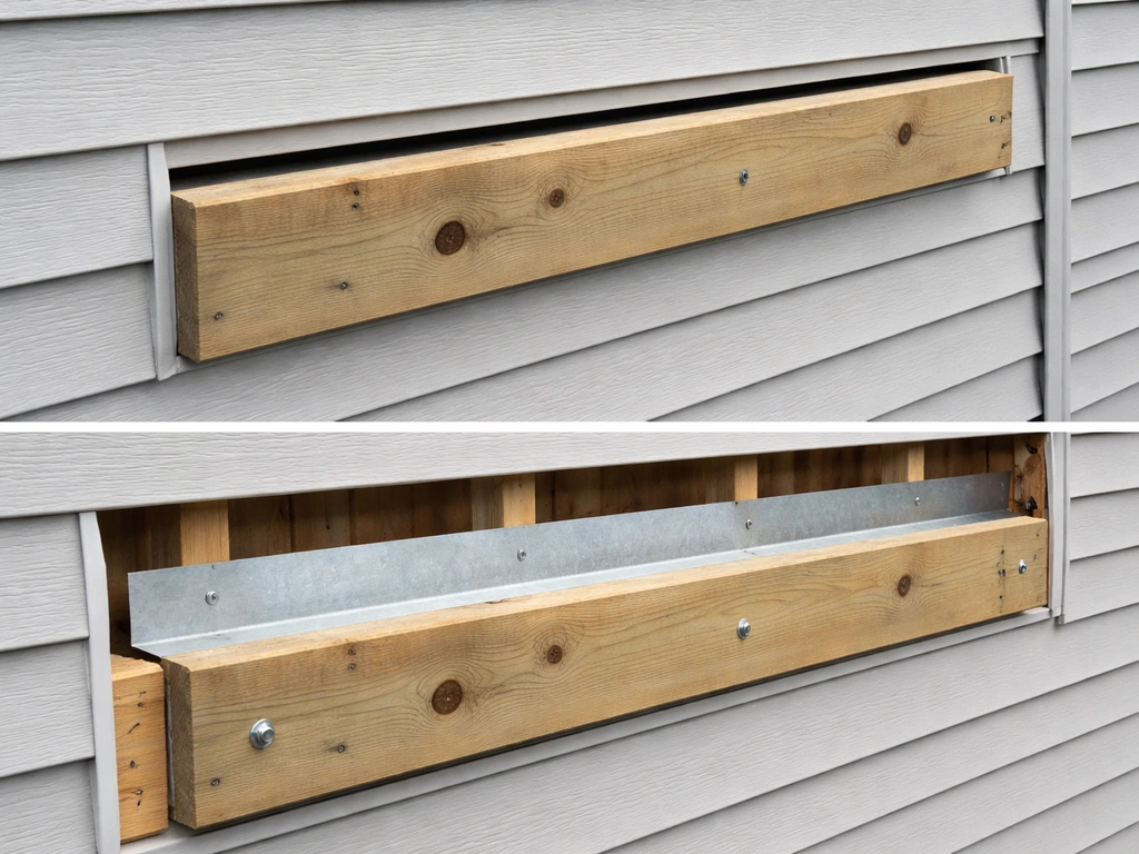 Close-up of a ledger board: bolted into studs with flashing behind, siding removed to show the correct method.