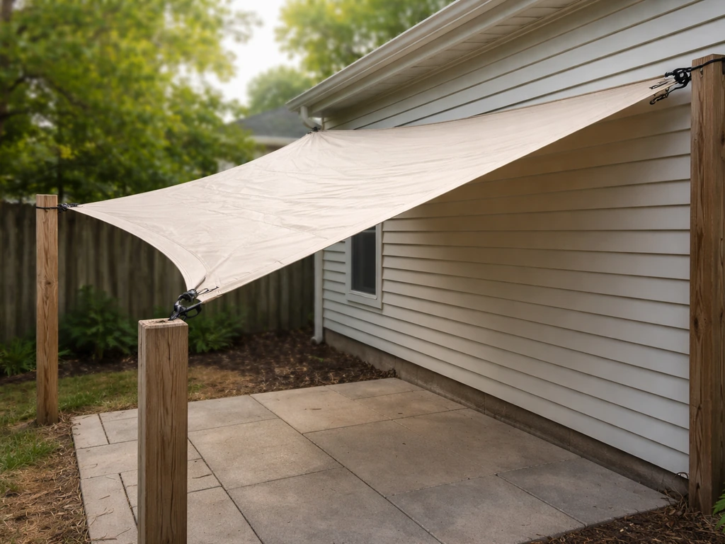 Taut tarp patio cover over a backyard patio, anchored near the house with an angled slope for drainage.