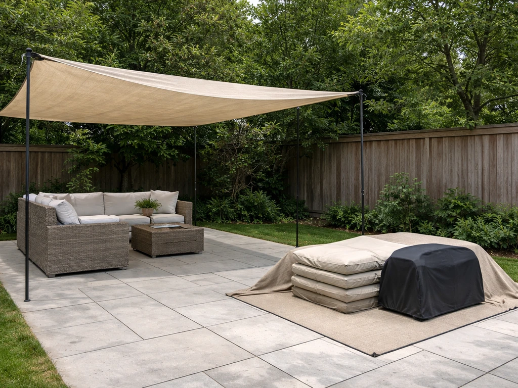 Backyard patio with an overhead tarp cover over the seating area and separate items positioned nearby