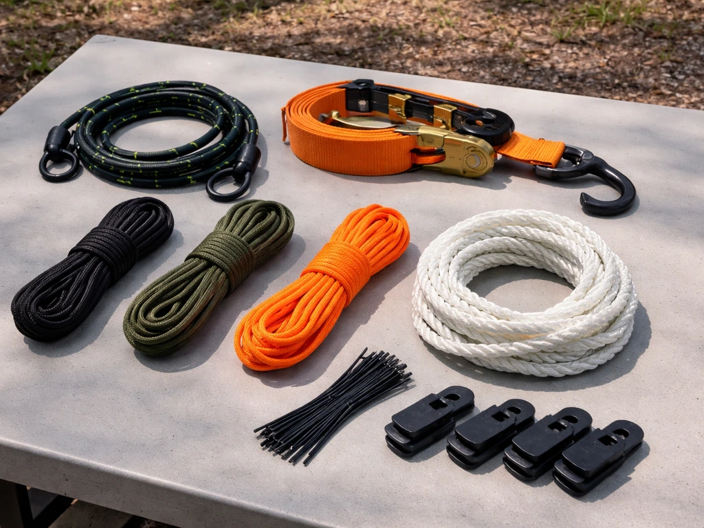 Bungee cords, rope, zip ties, and tarp clips laid out neatly for tarp fastening and tie-downs