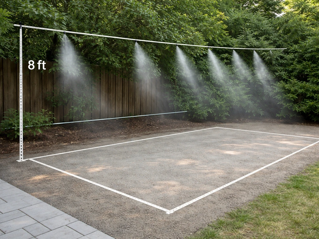 Outdoor patio layout with an elevated misting line, nozzle spacing, and mist coverage cues.