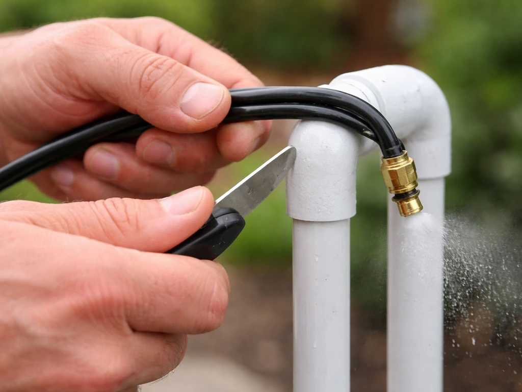 Close-up of hands routing and trimming 1/4-inch black poly tubing and connecting it to a brass nozzle.