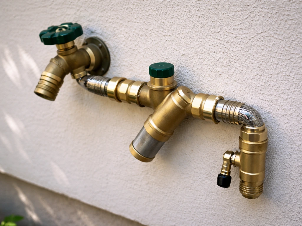 Close-up of a hose bib connection showing a backflow preventer, Y-strainer, and drain valve fittings