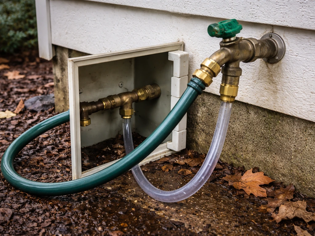 Outdoor hose and closed supply valve with drain access visible, prepared for winter freezing season.