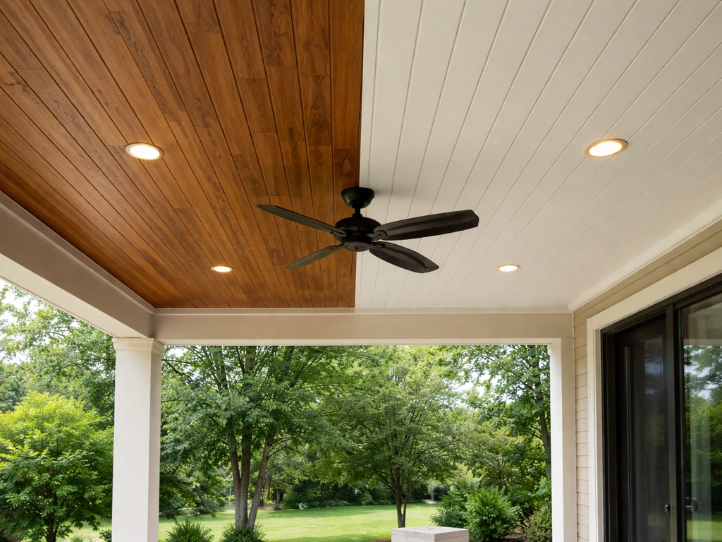 Covered outdoor patio with a completed ceiling showing wood planks and soffit panel finishes