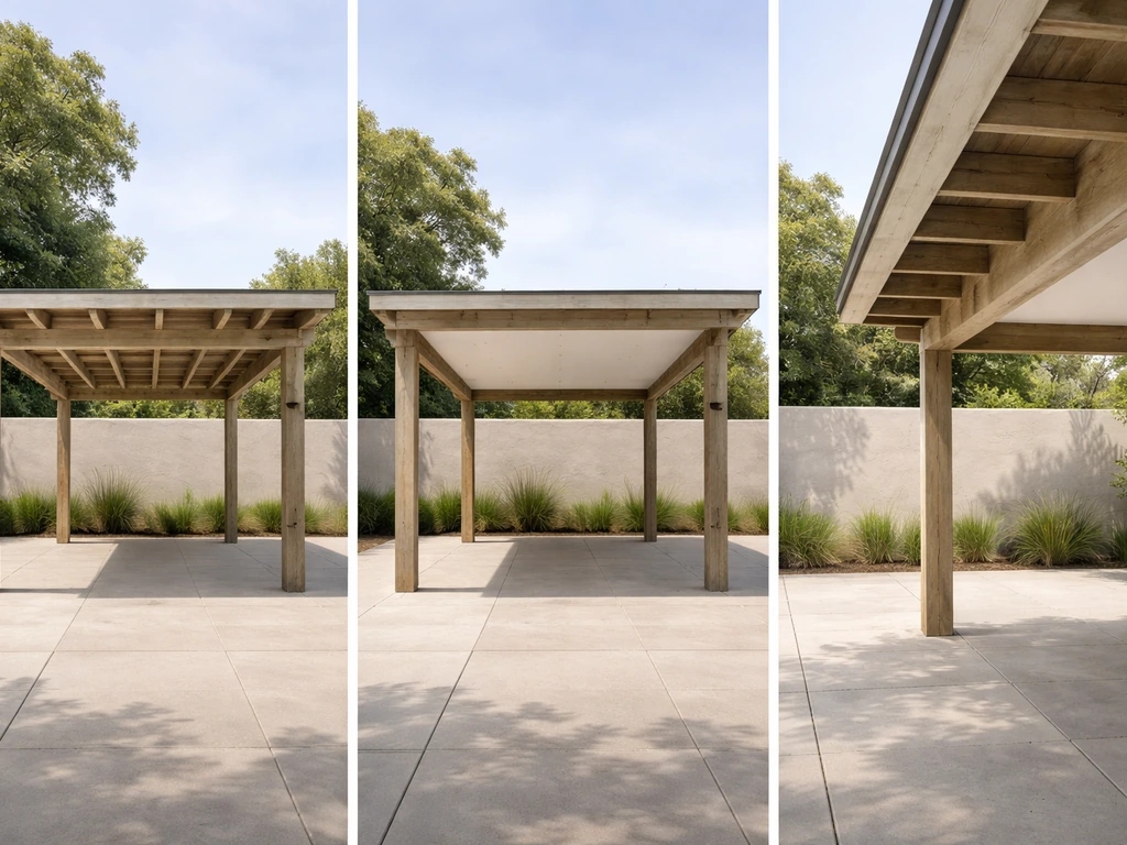 Minimal outdoor view of three patio structures showing framing, posts, and ceiling vs roof layers.