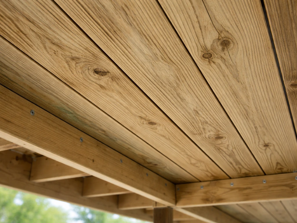 Close-up of pressure-treated tongue-and-groove wood ceiling boards on an outdoor patio frame