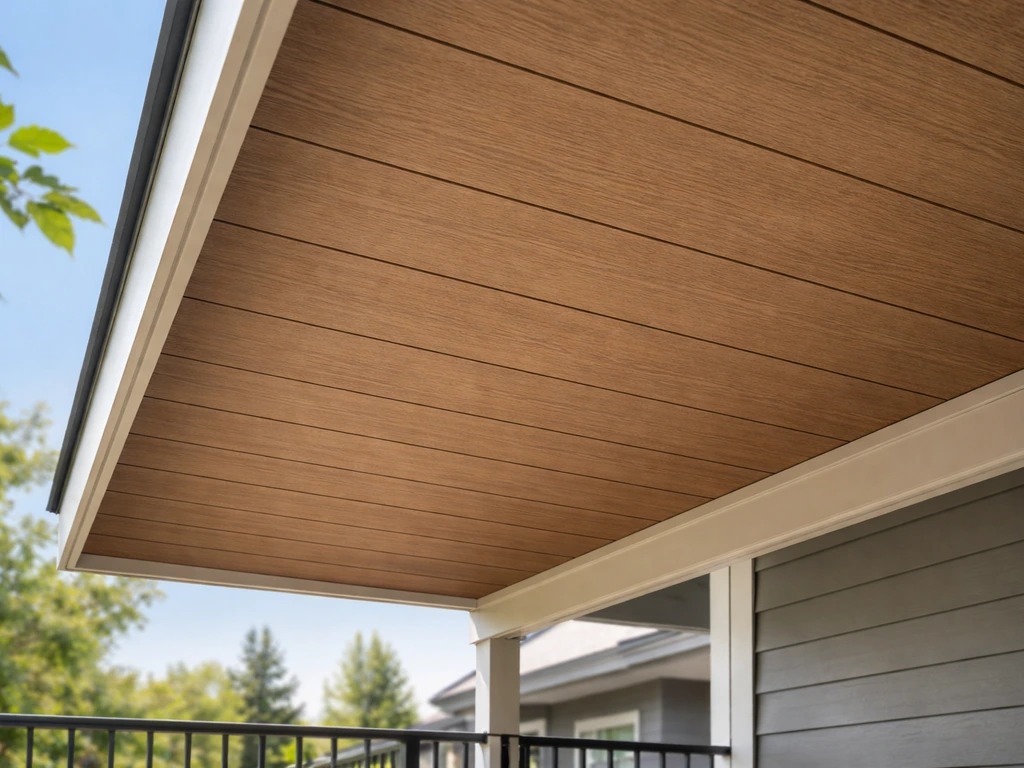Outdoor patio ceiling with fiber cement soffit boards in a wood-like finish under natural light