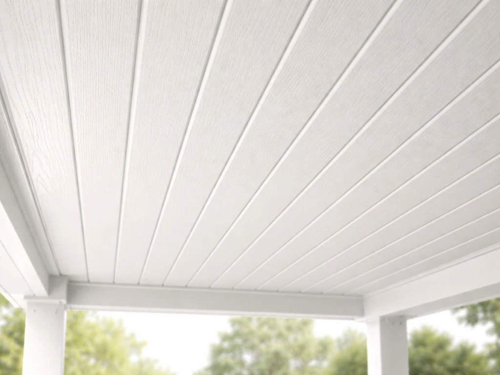 Outdoor patio ceiling with installed painted composite/PVC boards, showing clean panel lines and texture.