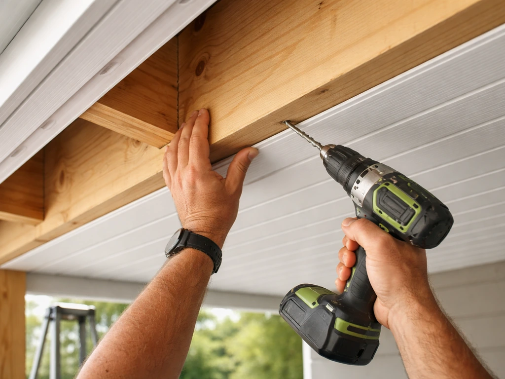 Hands fasten patio ceiling boards to the wooden joist frame with galvanized screws using a drill.