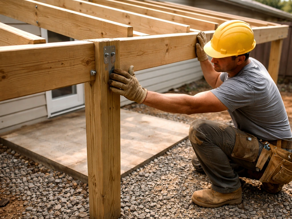 Construction worker installing structural lumber for a lean-to patio cover with posts and beams