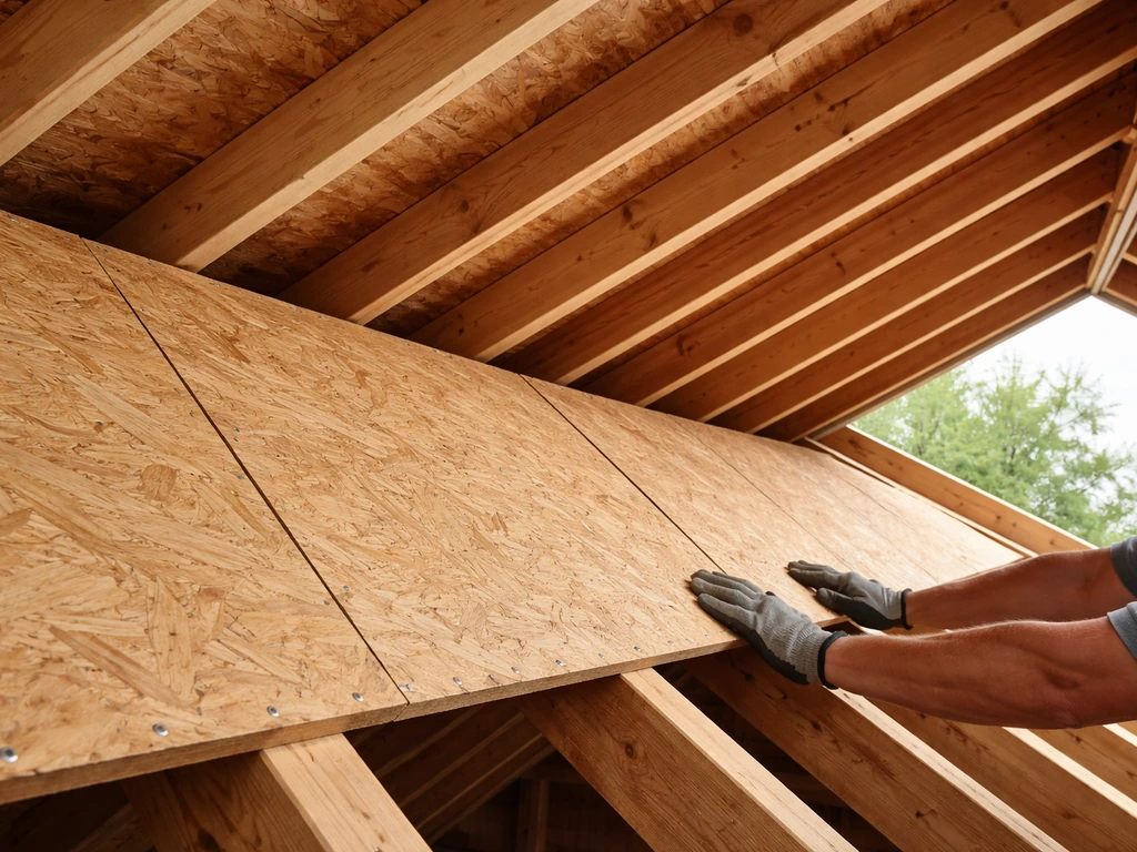 Workers installing CDX plywood roof sheathing on rafters, panels fastened for asphalt shingles