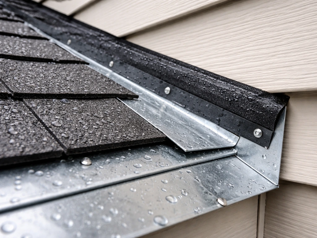 Close-up of roof flashing and weatherproofing tape sealing a roof-to-ledger joint to prevent leaks