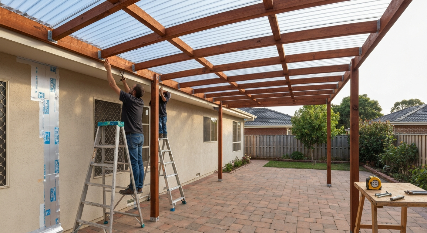 Backyard lattice patio cover being retrofitted with corrugated panels; installer on ladder and tools visible.
