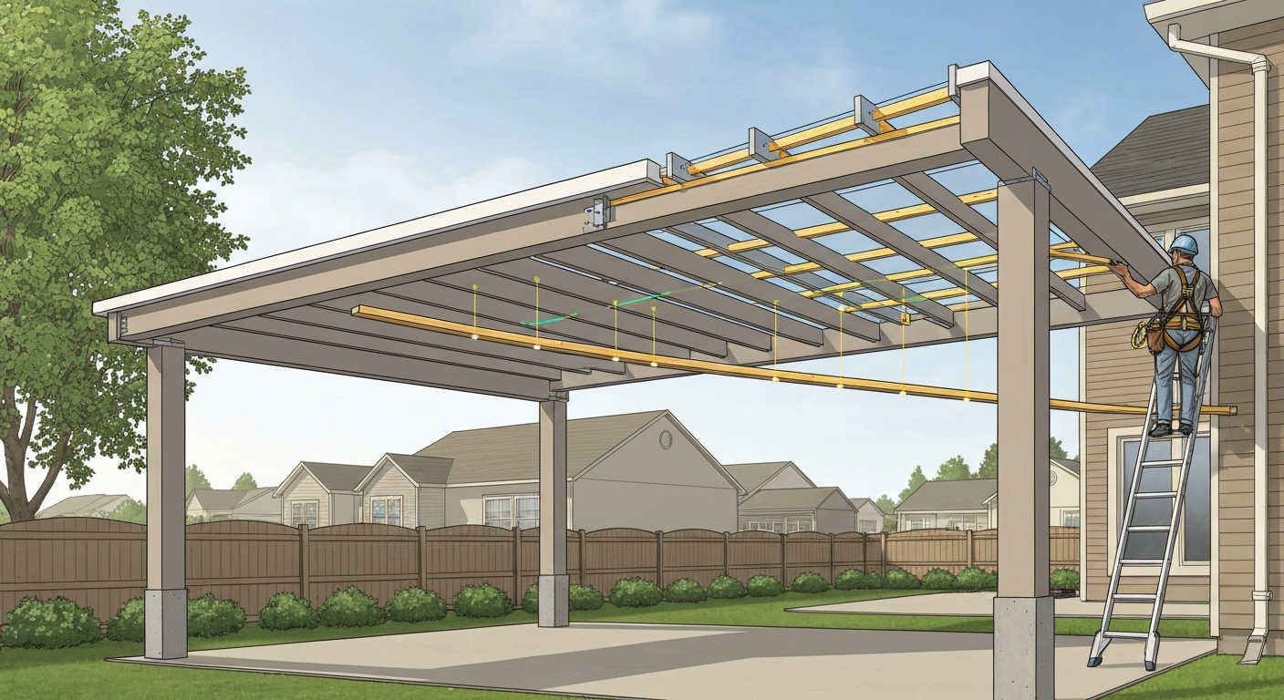 Wide view of an Alumawood patio cover assembly; panels are semi-transparent to show rafters and purlins; worker uses a spreader board and safety gear; load path highlighted.