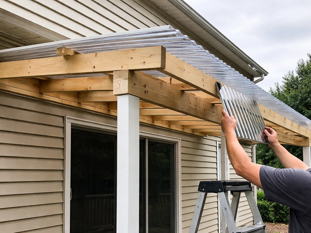 Backyard patio cover being built with roof framing and panels installed attached to the house.