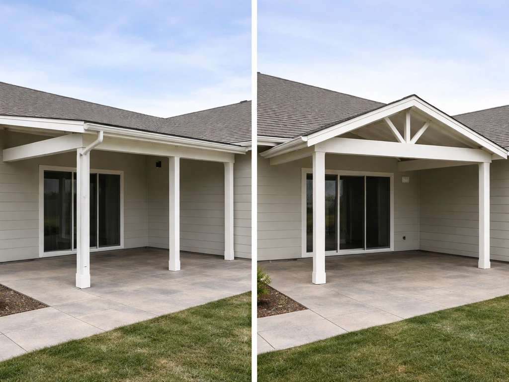 Two simple side-by-side patio cover sections showing different roof styles, posts and house connection