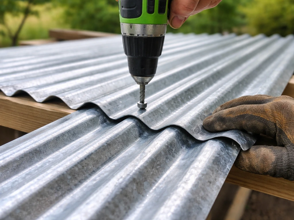 Close-up of corrugated metal panels overlapping as screws are driven into purlins for roofing.