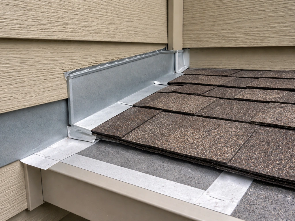Close-up of step and counter flashing with sealant tape at a roof-to-wall weatherproofing seam