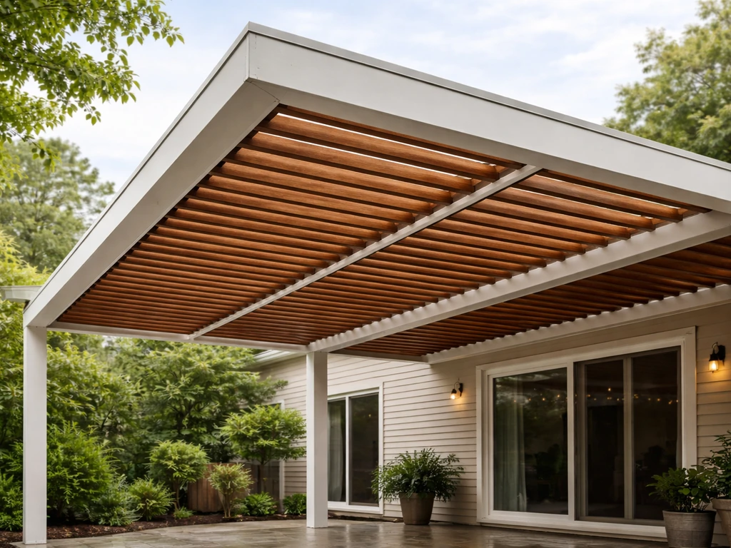 Finished DIY louvered patio cover over a home patio with angled louvers and rain-shedding frame