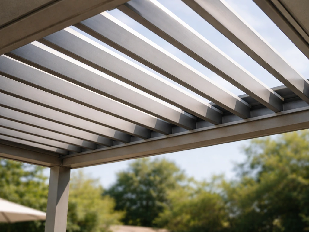 Close-up of angled parallel slat louvers on a framed patio cover in bright daylight.