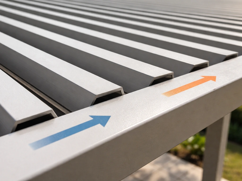 Close-up of patio cover louvers showing blade width, spacing, and arrow-indicated orientation direction.