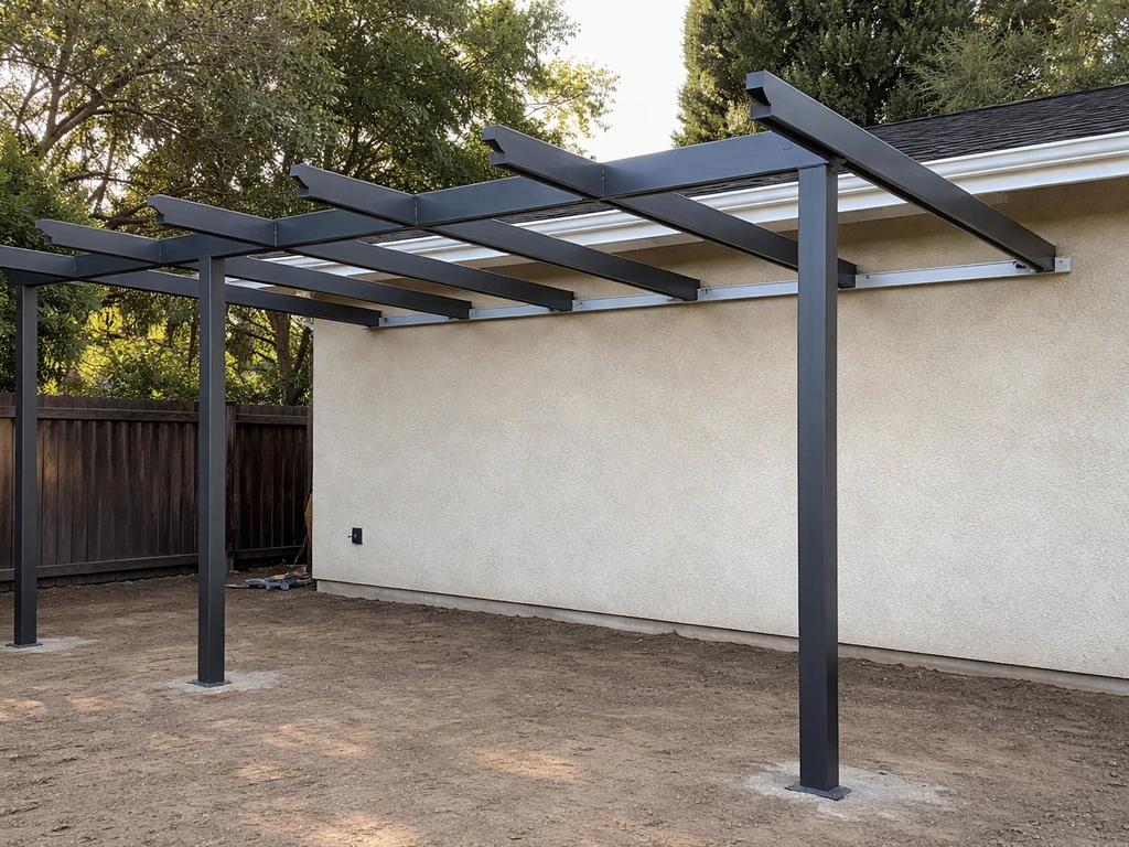 Photo of an outdoor patio cover frame with beams and posts showing span and bay layout
