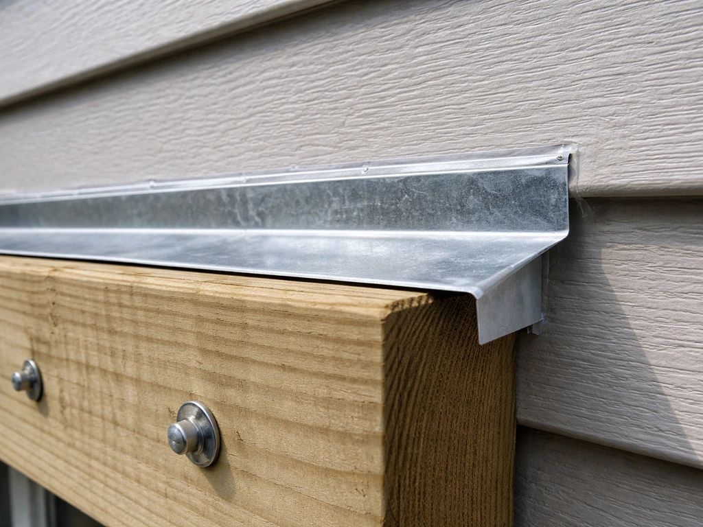 Close-up of ledger flashing at a house patio cover, with sealed joint and water-drain path.