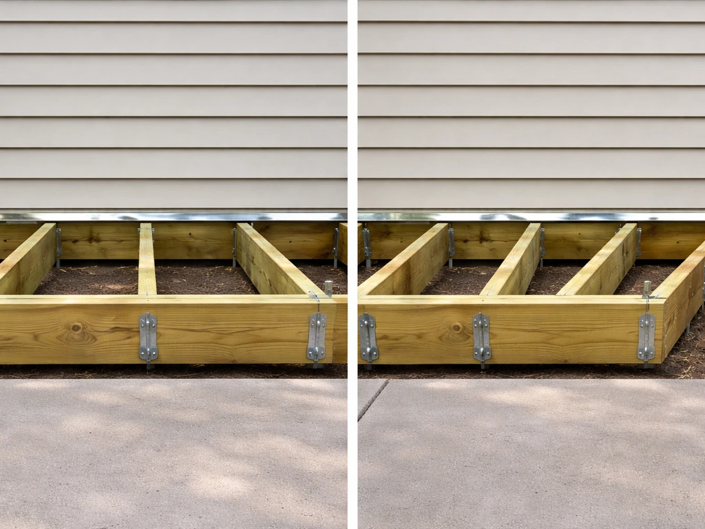 Two exterior deck frame samples: one level near a house edge and one correctly sloped away.
