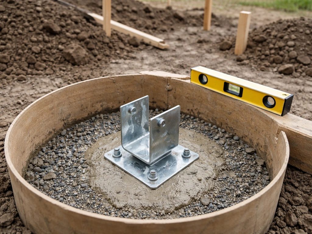 Excavated post hole with gravel base, anchor hardware, and concrete footing form under natural light.