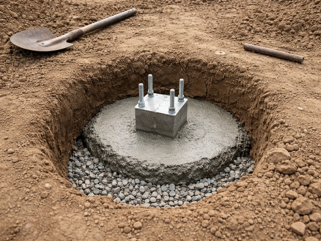 Close-up of an excavated footing hole with gravel at the bottom and concrete poured with embedded post bases.