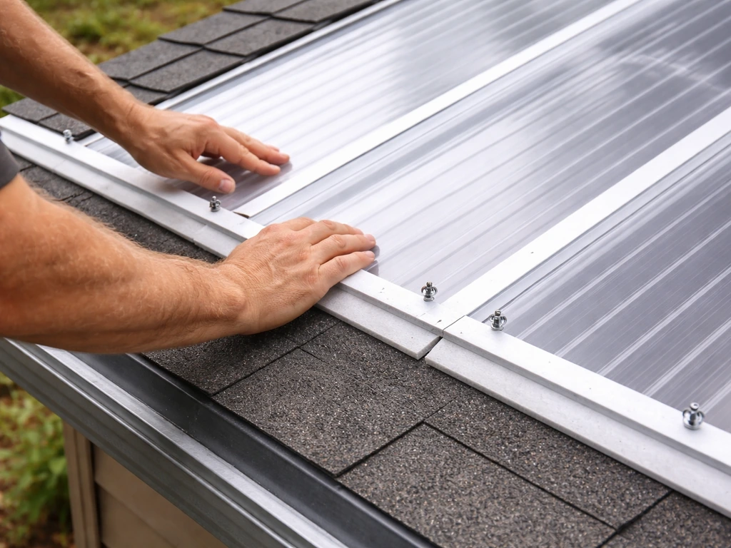 Worker installing polycarbonate roof panels with closure strips and careful flashing alignment.