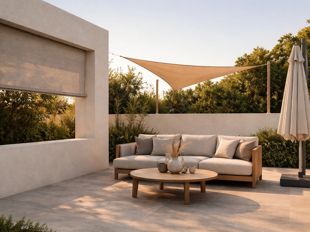 Minimal patio scene showing a window-like roller shade, shade sail fabric, and a cantilever umbrella