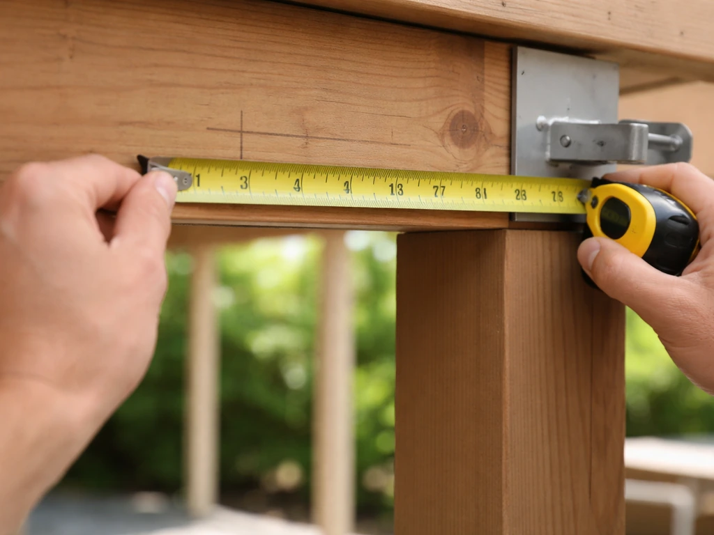Tape measure on patio cover posts with pencil line for planned bracket placement.