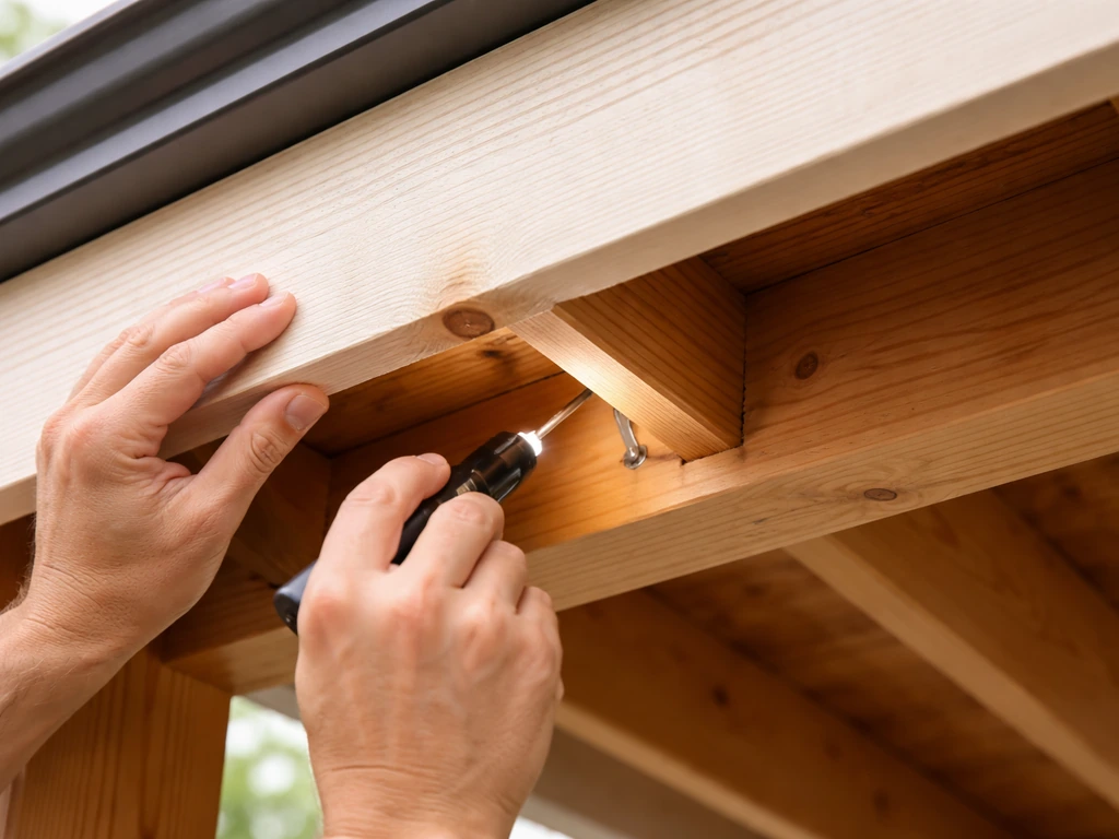 Anonymous hands inspecting a patio cover fascia underside to find solid studs for mounting shade hardware.