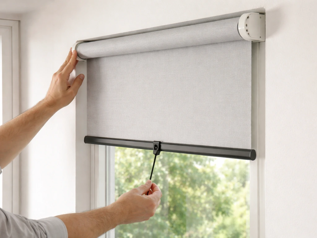 Hands adjust a roller shade in mounted brackets; fabric is extended and bottom tensioner is secured.