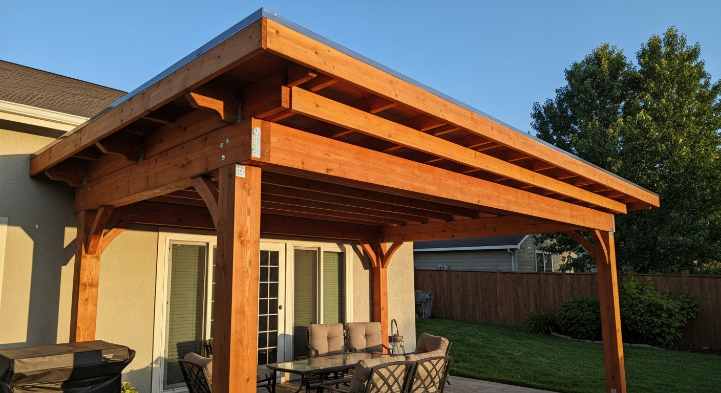 Finished cedar attached patio cover with cedar rafters, outer beam and posts, mounted to a house with visible flashing and outdoor furniture beneath.